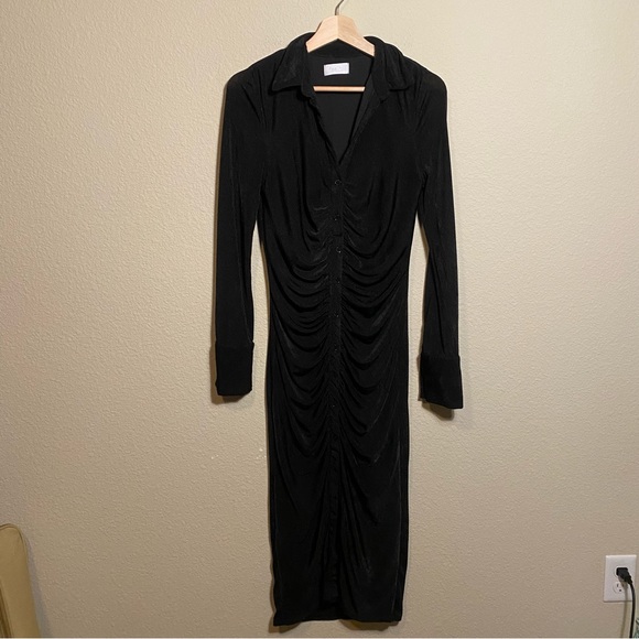 Isalis black long sleeve collared ruched midi dress - Picture 6 of 6
